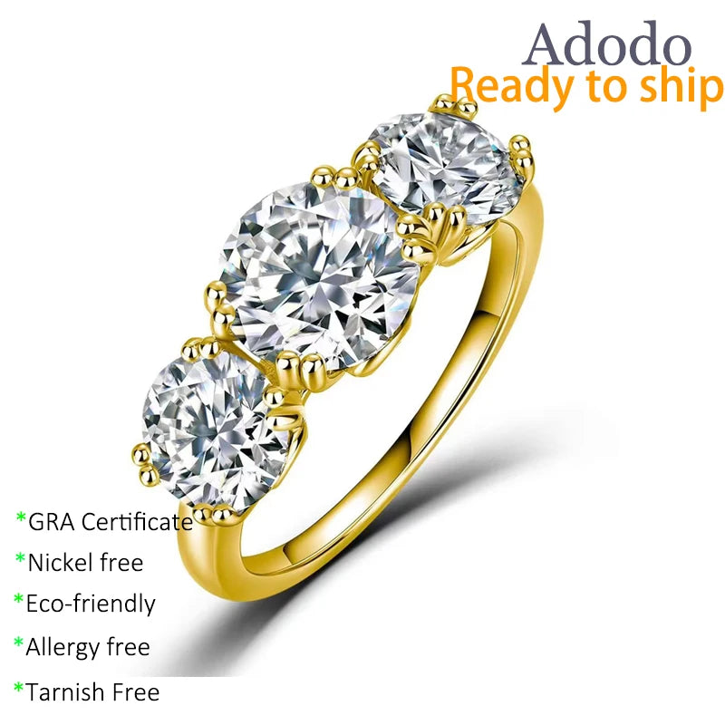 Three Stone VVS GRA D 4.2CT Round Cut Moissanite Rings Light Luxury 925 Sterling Silver 14K Gold Plated Jewelry in Bulk