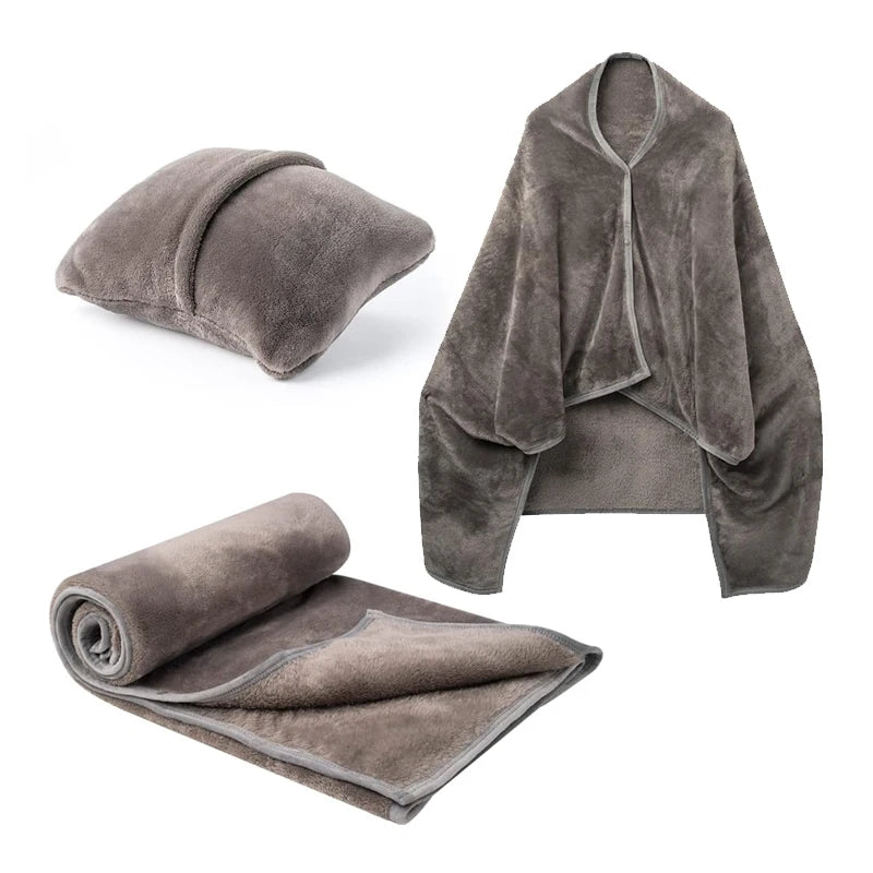 Custom Coat Poncho Airplane Set Foldable Wearable Throw Blanket Flannel Fleece 2 In1 Travel Pillow Blanket With Sleeves