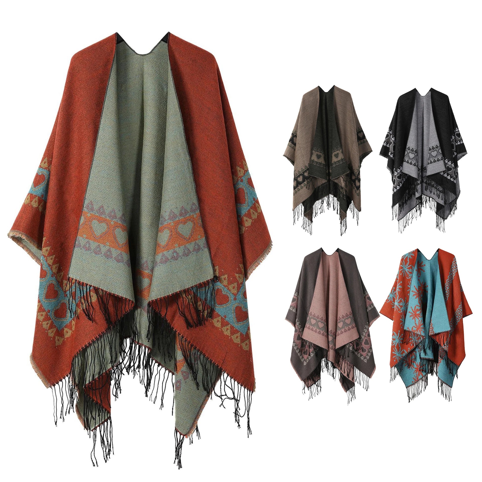 Custom Women's Warm Shawl Wrap Open Front Poncho Cape Color Block Shawls Winter Cardigan Wrap Printed Ponchos for Women