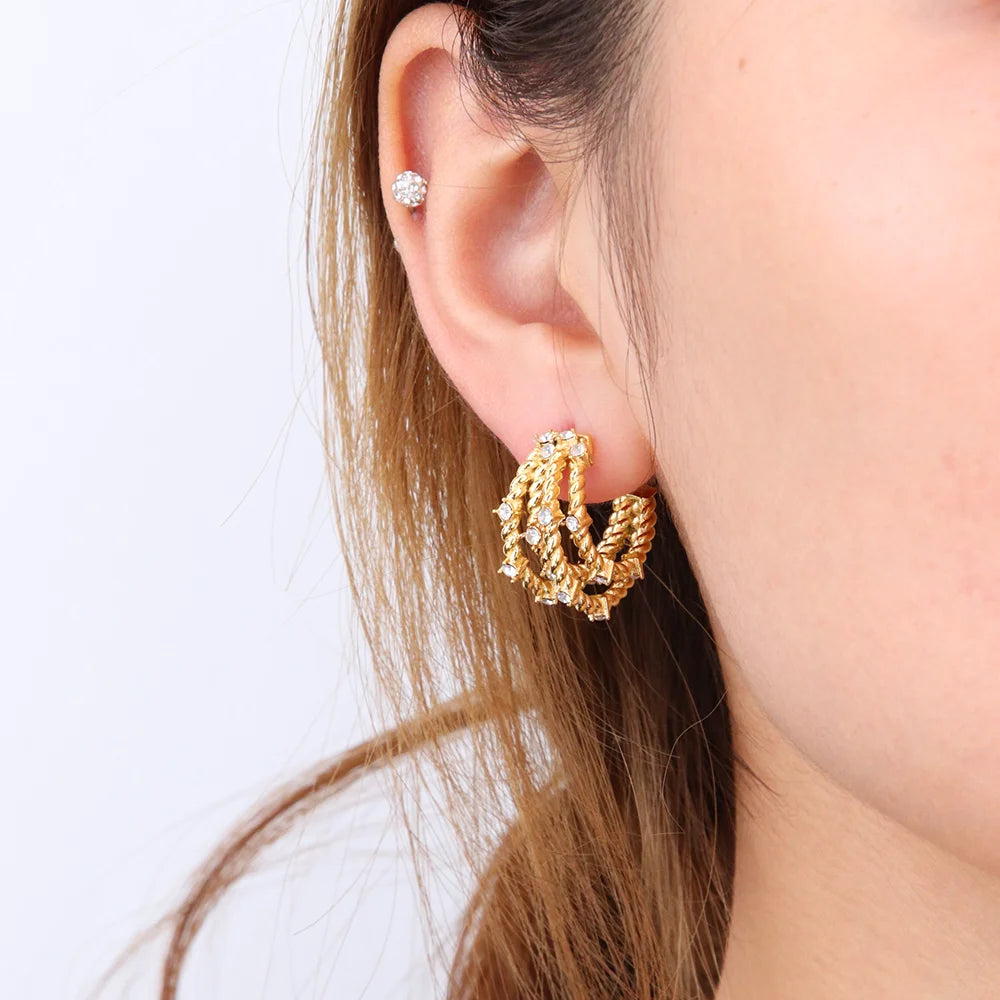Chris April 316L Stainless Steel PVD Plated Gold Multi Layers Zircons Roping Hoops Earring