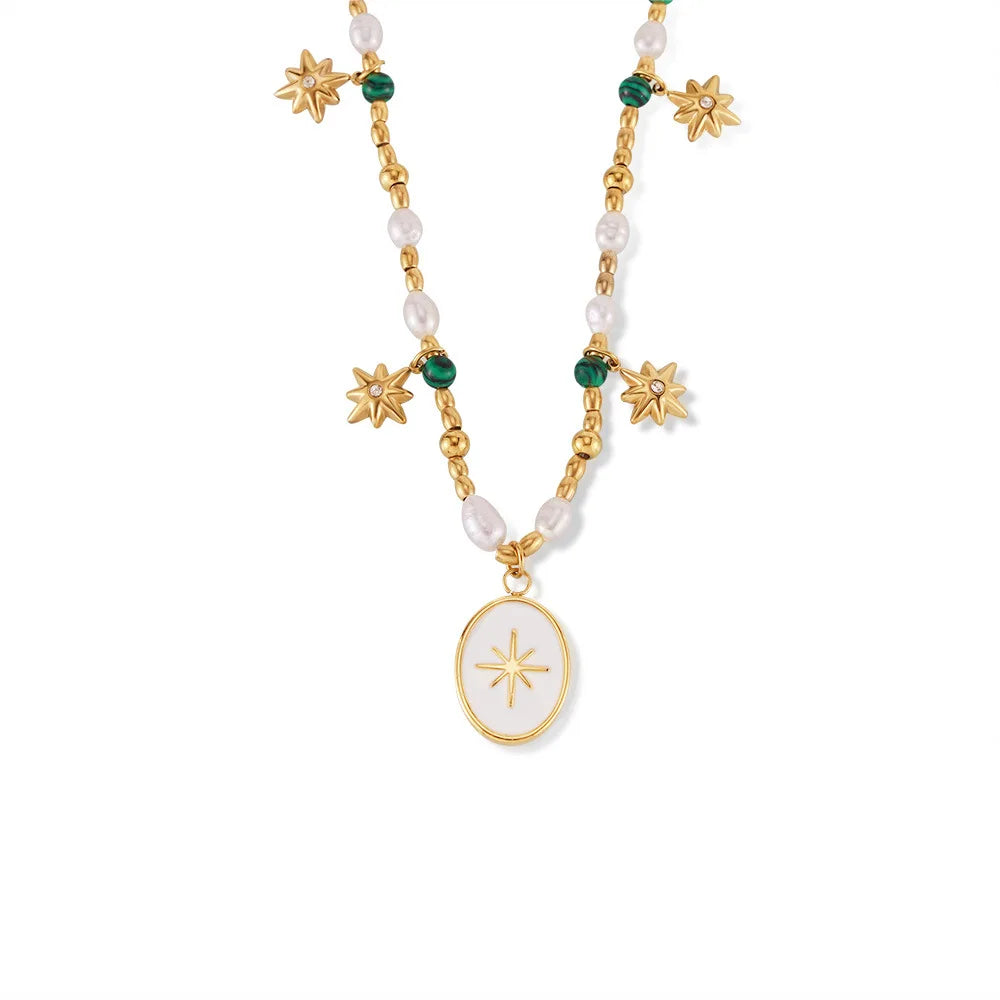 Classical Fashion Fresh Water Pearl Beaded Round Brand Dripping Oil Pendant Octet Star Necklace