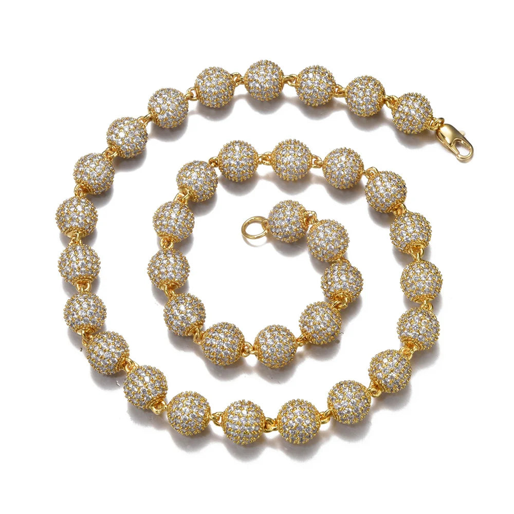 10mm Hiphop Sparkling Bead Chain Lobster Buckle Iced Out Rapper Jewelry Full Iced Out CZ Ball Chain Necklace Women Men