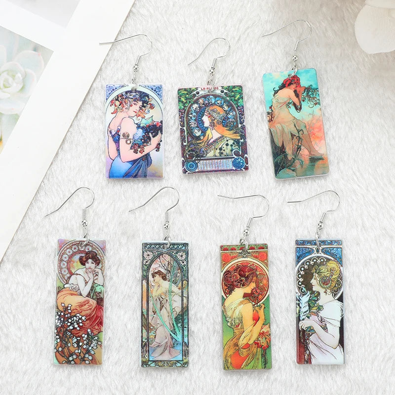 1Pair Vintage Mucha Drop Earrings Acrylic Painting Art for Woman Birthday Gift