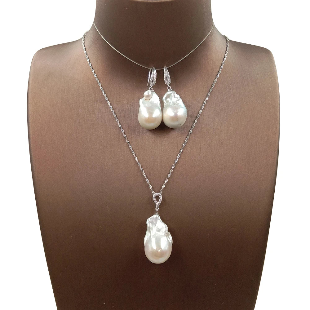 Fashion Choker 925 SILVER Jewelry Set 100% Natural Big Baroque Freshwater Pearl