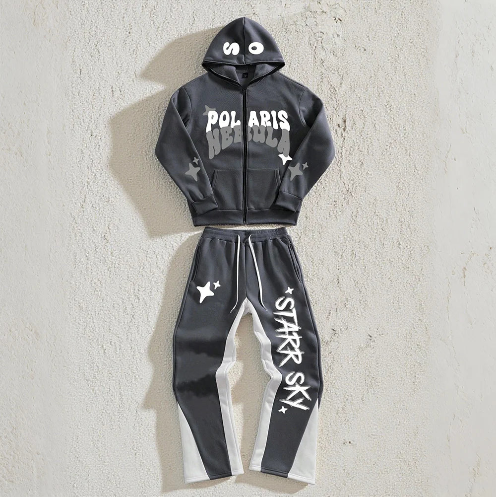 Custom Streetwear DTF Cropped Men's Tracksuit Vintage Pullover Hoodies Drawstring Pants 2 Pieces Casual Sweat Suit Autumn