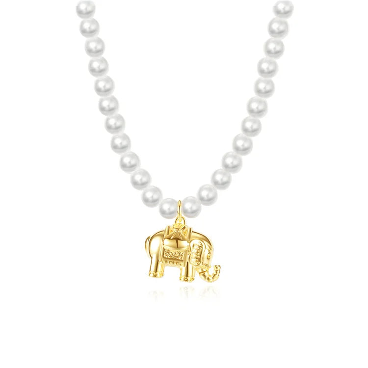 Wholesale Customized Animal Jewelry Gold Plated Stainless Steel Elephant Shaped Pendant Necklace Pearl Necklace for Women