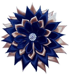 7*7 Inch Large Navy Gold Flower Brooch with Rhinestone Petals Wedding Engagement Party Unisex Sorority Shoulder Brooch