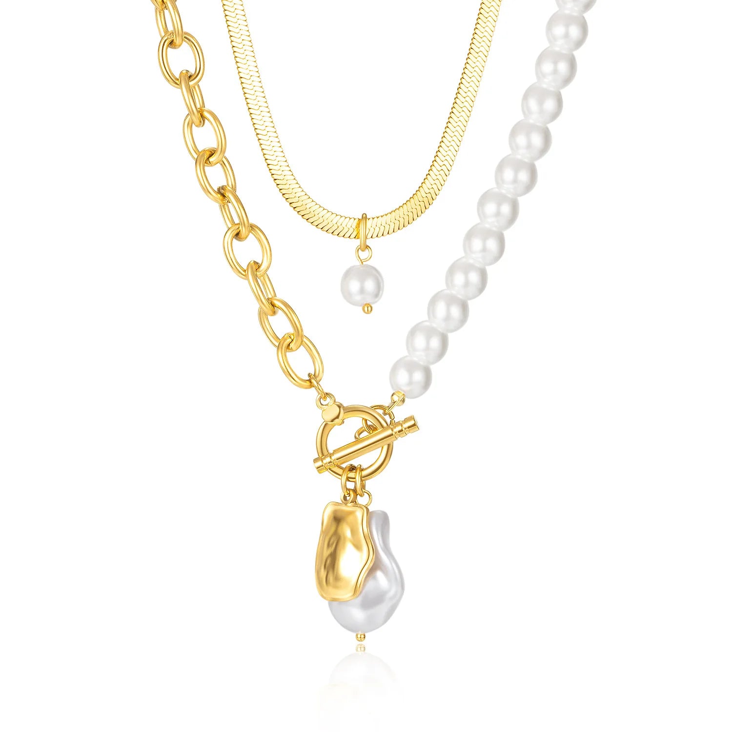 High Quality 18K Gold Plated Snake Chain Multi Layer Stainless Steel Baroque Pearl Necklace