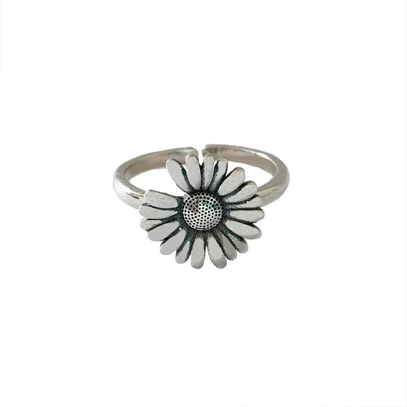 925 Sterling Silver Daisy Ring Vintage Fashion Korean Instagram Red Sun Flower Opening Ring Index Finger Ring