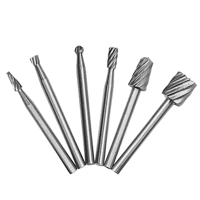 6Pcs Carbide Rotary Burr Routing Router Drill Bits Set Wood Rotary File Milling Cutter Woodworking Carving Carved Knife Tools