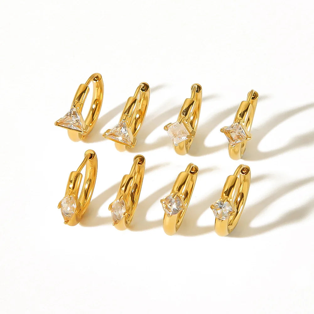 Chic Luxury 18K Gold Plated Stainless Steel Geometric Huggie Earrings Oval Square Cubic Zirconia Hoop Clip Earrings for Women