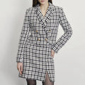 Enyami Vintage Long Sleeve Blazers Top Double Row Button Fashion Check Lapel Plaid Suit Coat Women Clothing Top Skirt Sets
