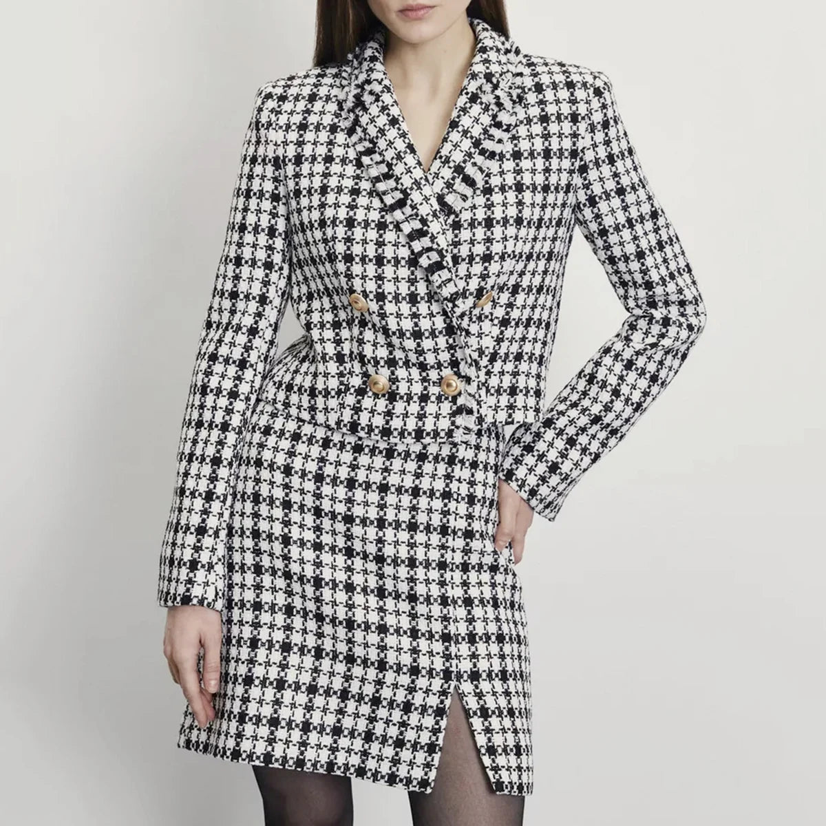 Enyami Vintage Long Sleeve Blazers Top Double Row Button Fashion Check Lapel Plaid Suit Coat Women Clothing Top Skirt Sets