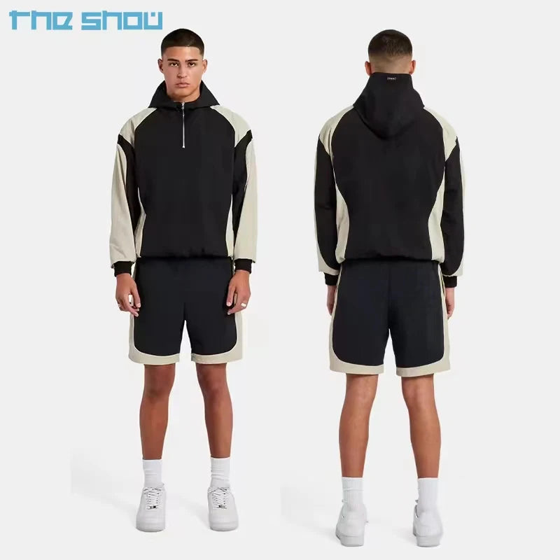 OEM Custom Patchwork Lightweight Street Wear Nylon Tracksuit Windbreaker Shorts  Hooded Track Jacket Short Set