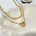 Stainless Steel Gold-plated Circular Ring Pendant Natural Stone Handmade Beaded Double-layer Necklace Accessory for Women