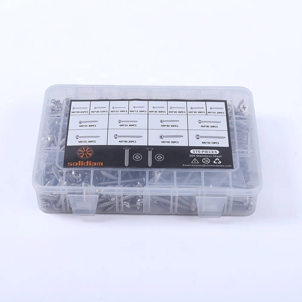M3 4 5 6 Self Tapping Screws Assortment Kit Self Tapping Wood Screws Set Box Pan Head and Flat Head 304 Stainless Steel Screws