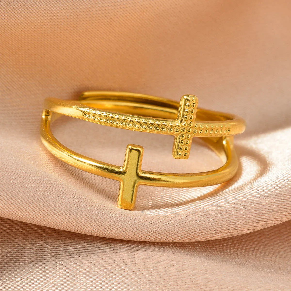 Fashion Simple Jewelry Rings 18K Gold Plated Stainless Steel Cross Design Open Adjustable Size Rings Women