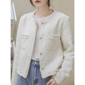 Casual Coat Autumn/Winter New Pattern Tweed Single Breasted Round Neck Tassel Spliced Women's Short Coat