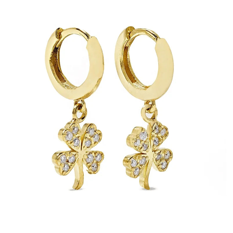 Gemnel Gold Plated Brass Jewelry Daily Brass Jewelry Manufacturer Mini Clover Zircon Jewelry Hoop Fashion Earrings