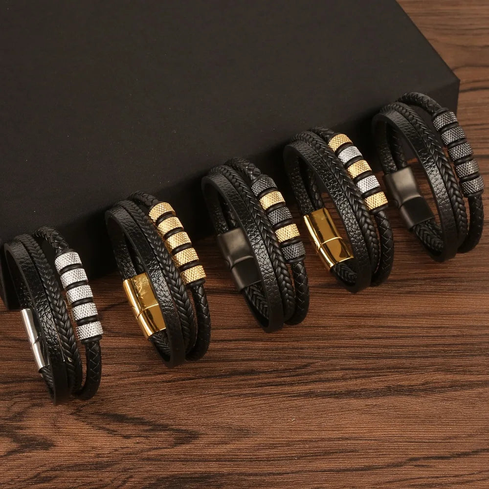 Fashion Stainless Steel Bead Charm Bracelets Luxury Multi-Layers Magnetic Leather Braided Bracelets for Male Bangles Jewelry