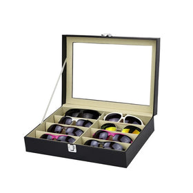 New Simple 8 Slot Black PU Leather Eye Glasses Display Storage Box Organizer With Glass Lid