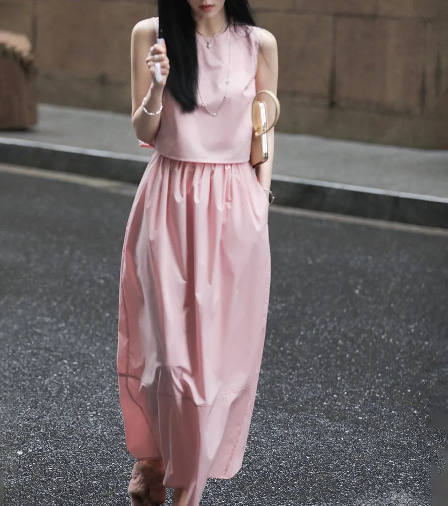 Wholesale 2026 Summer New Dress Fashion Straight Barrel Half Skirt Korean Sleeveless Shirt Round Neck Cotton Women's Set