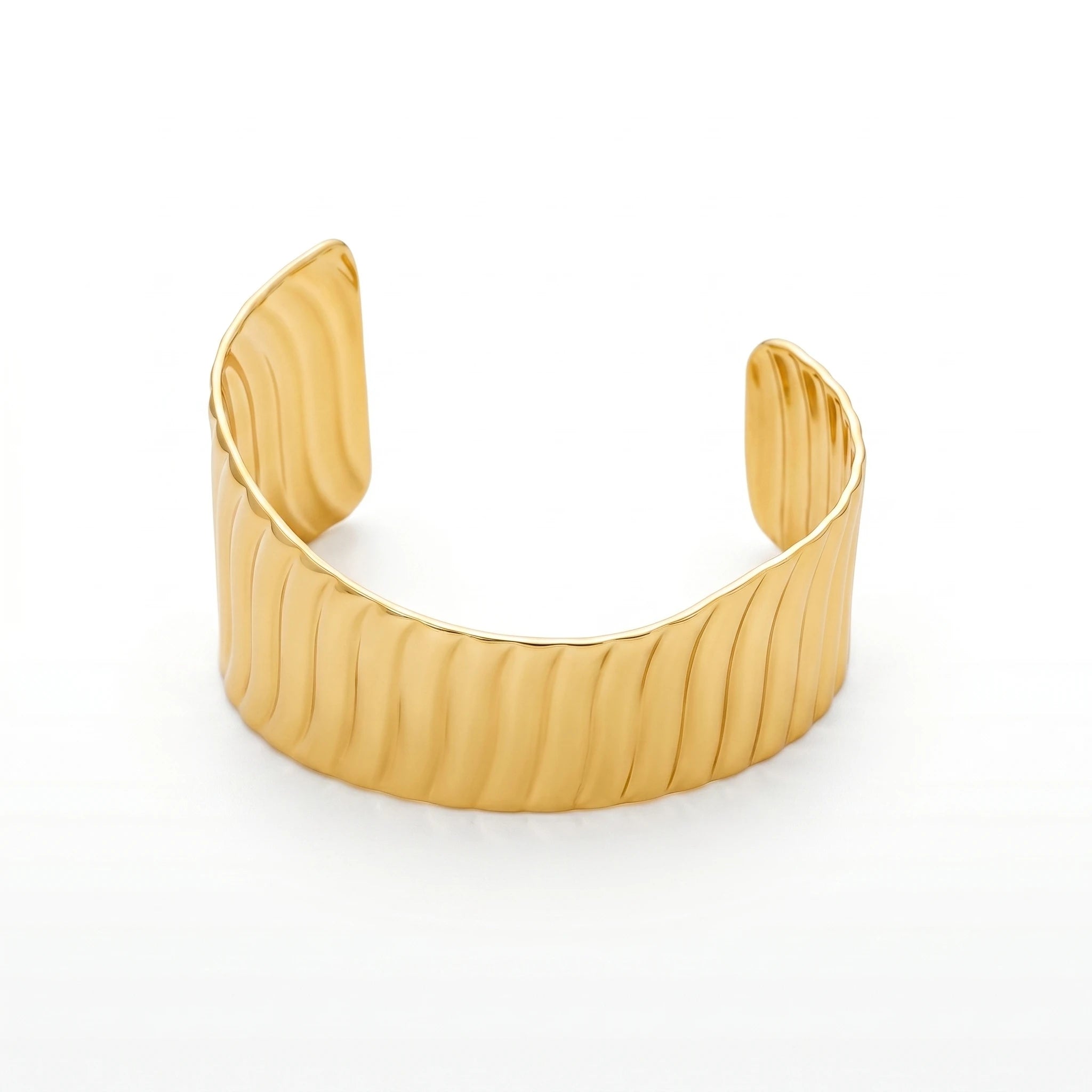 QIAOREN 12663 18K Gold Vertical Wide Open Cuff Bracelet Stainless Steel Glossy Ridged Adjustable Statement Wrist Jewelry Gift