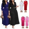 D522 Latest Design Long Dresses Women Casual Elegant Solid Color Long Sleeve V-neck Pleated Ladies Office Dresses With Belt