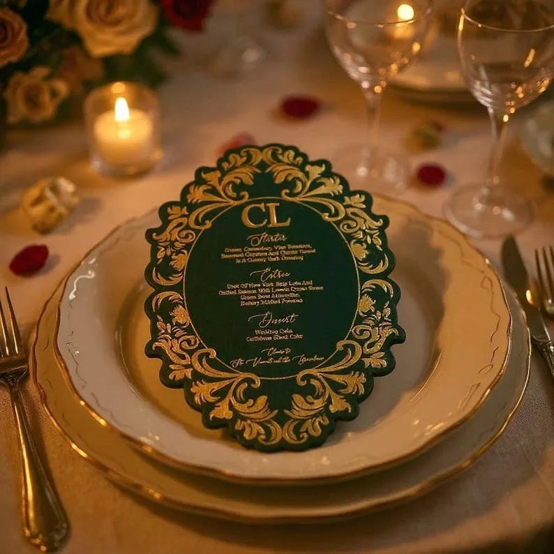 High End Green Velvet Menu Cards Customized Gold Foiling Save the Date Card Velvet Wedding Invitations MegaBDM
