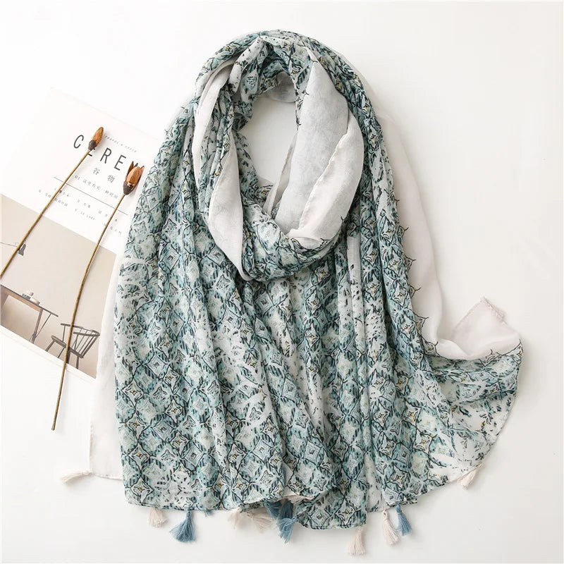 Hot Sale Fashion Floral Geometric Pattern Printed Shawl Scarfwomen Custom Design Tassel Scarf Cotton Linen Scarf