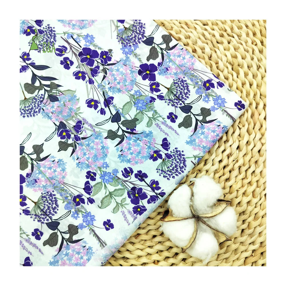 Purple Florals Printed Custom Digital Printing Woven 100% Cotton Poplin Fabric for Clothing