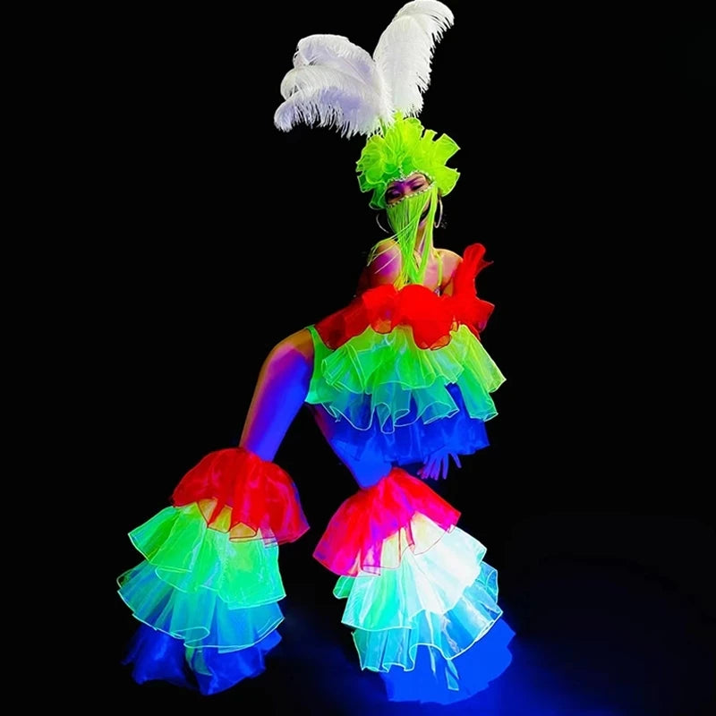 Fluorescent Color Creative Stage Costumes Feather Headdress Bikini Nightclub Gogo Show Dancing Performance Clothing Suit