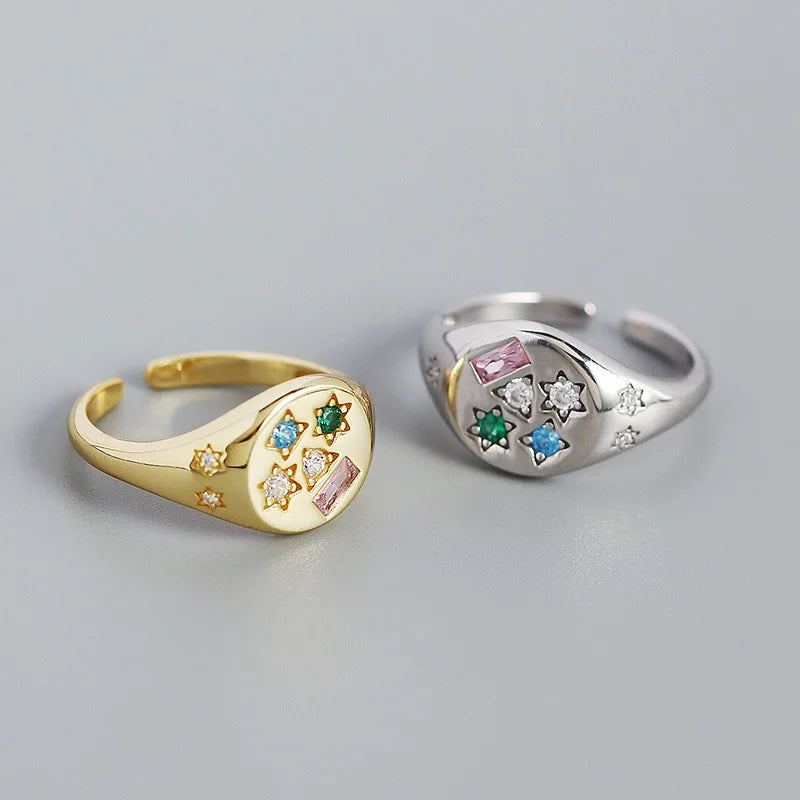 Fashion 18K Gold Plated Inlay Color Cubic Zirconia Adjustable Ring 925 Sterling Silver Rings Women Jewelry