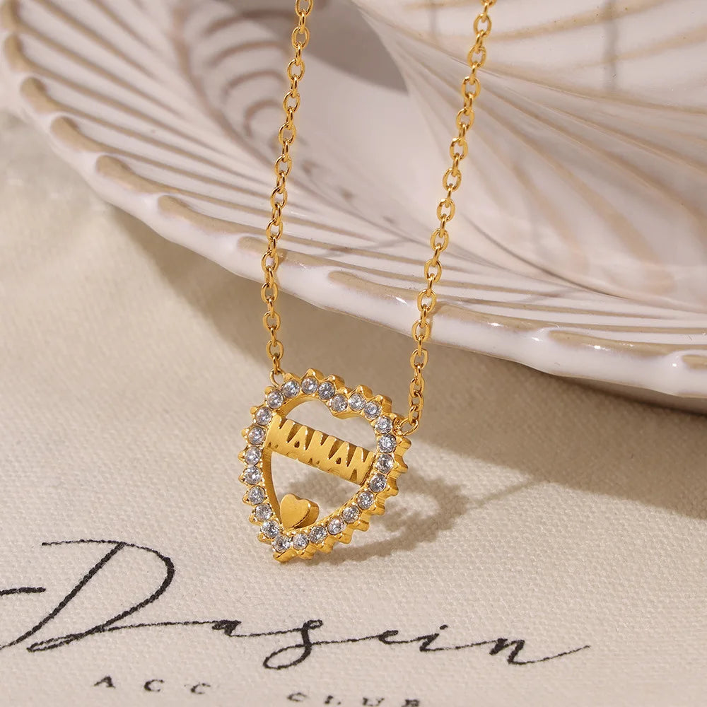 SSeeSY Custom Design Stainless Steel Waterproof Fashion Jewelry PVD 18K Gold Plated Heart Maman Zircon Necklace for Women
