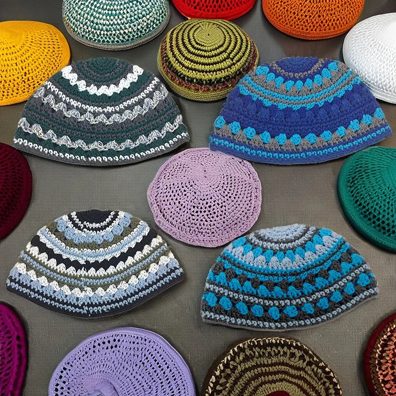 100% Cotton Kippot Jewish 22CM Prayer Hat Cap Crochet Kippah Handmade Woven Knitted Yarmulka Ethnic Kufi Hat for Men Adults