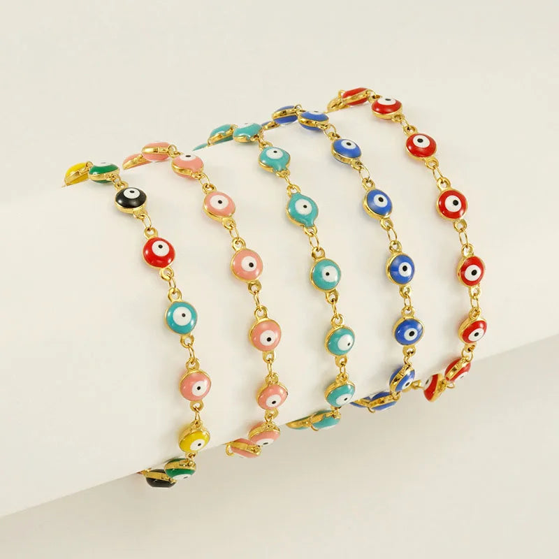 BS2027 Gold Plated Stainless Steel Rainbow Glaze Glass Evil Eyes Spiritual Chain BraceletFatima Hamsa Hand Charm Bracelet