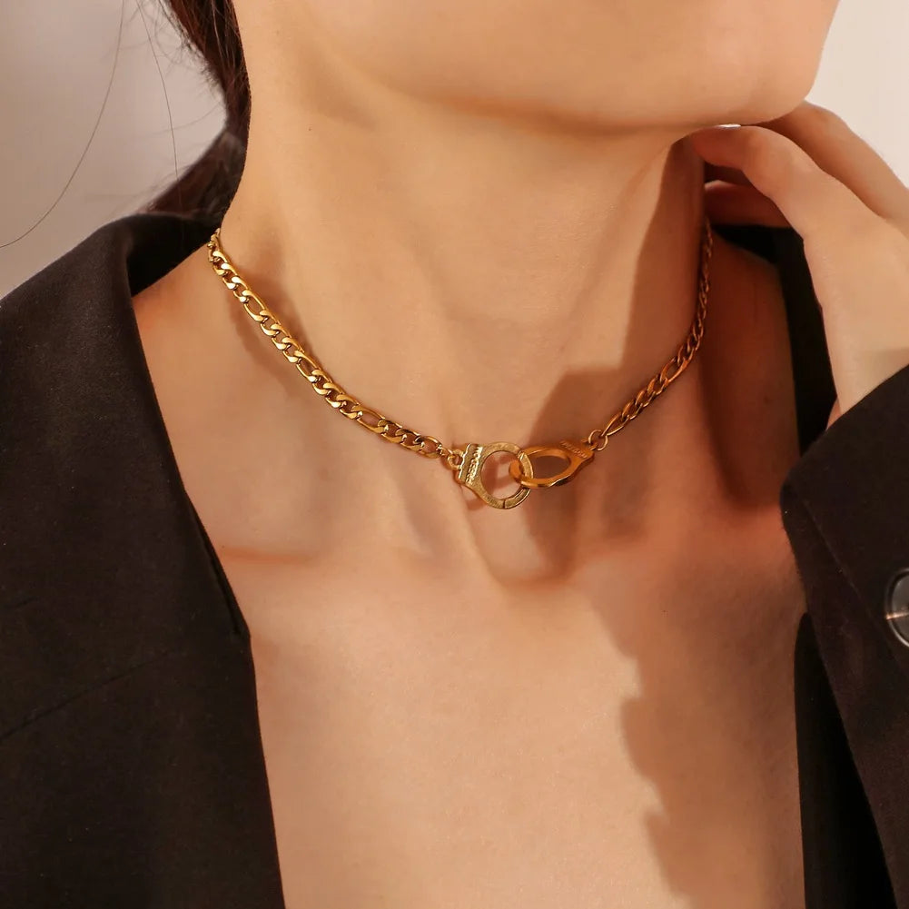 HOVANCI 3 Hip Hops Women Jewelry Stainless Steel Link Chain Necklace 18K Gold Plated Curb Link Chain Handcuffs Charm Necklace