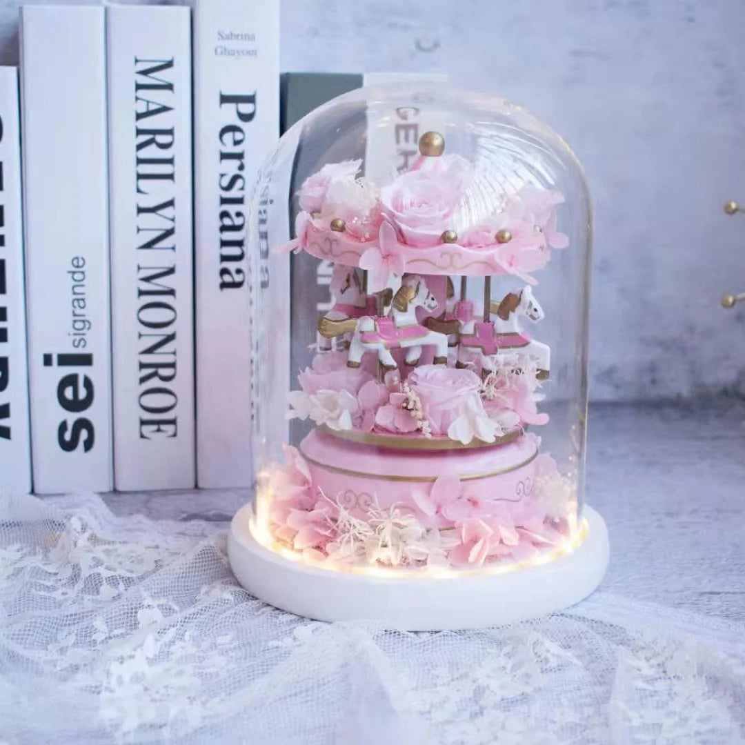 Customized Carousel Music Box with Rose Preserved in Glass Dome for Valentine's Day Mother's Day Graduation Thanksgiving Gifts