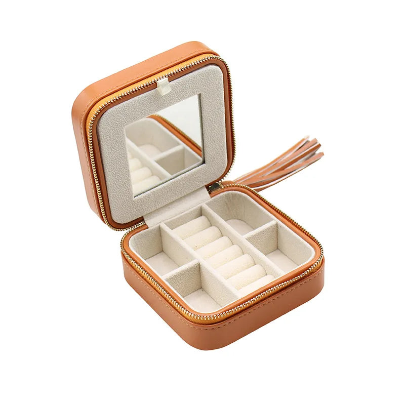 Custom Women Jewelry Box Portable Genuine Leather Earrings Ring Case Multi-function Jewelry Storage Box With Mirror