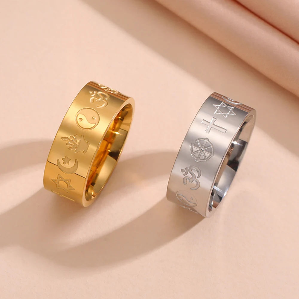 Myshape Sacred Symbols Women Ring Yin Yang Crescent Moon David s Star Buddhist Wheel of Life OM Christian Cross Coexist Jewelry