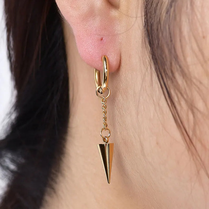 Hip Hop Stainless Steel Rivet Hoop Earrings 2025 Fashion 18K Gold Plated Long Chain Triangular Cone Drop Earrings for Women Men