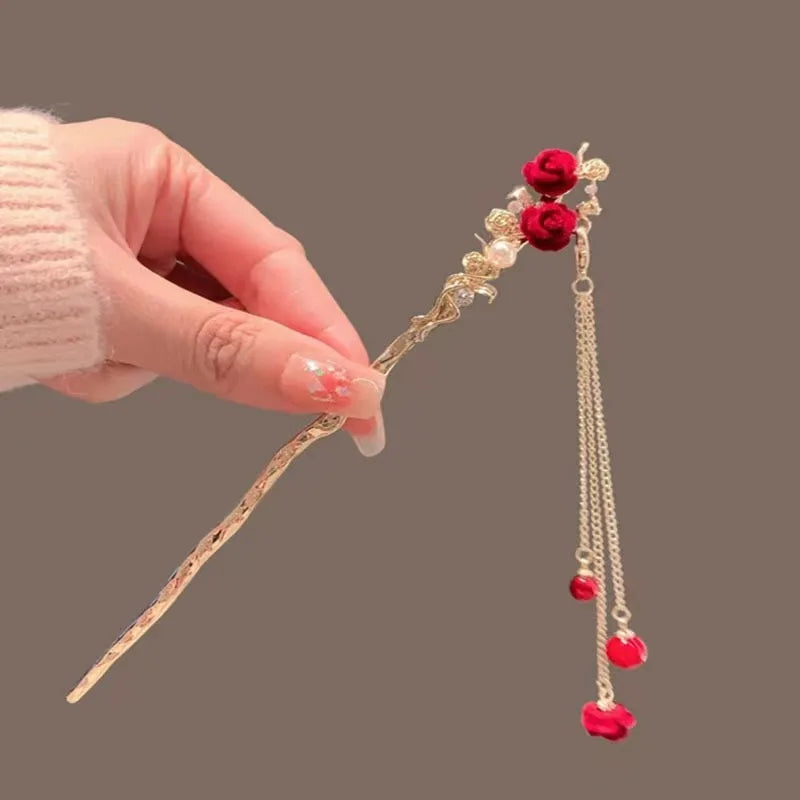 Vintage Chinese Style Flocked Rose Tassel Metal Hair Sticks Hanfu Hair Chopsticks Wedding Party Hairstyle Design Tools for Women