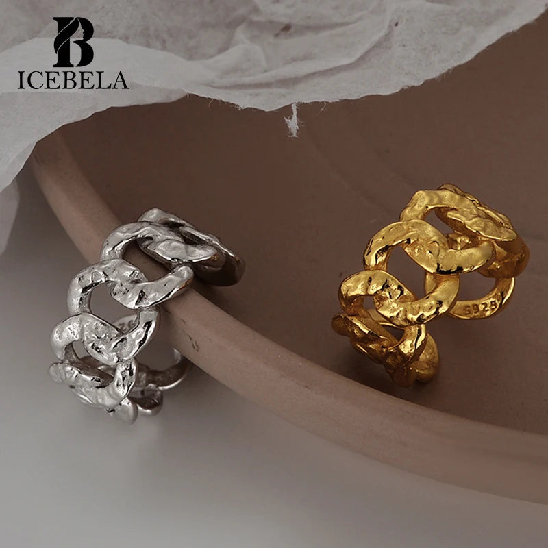 ICEBELA Jewelry Simple Niche S925 Sterling Silver Chain Ring Ins Style Opening Burn Wrinkled Texture Index Finger Ring