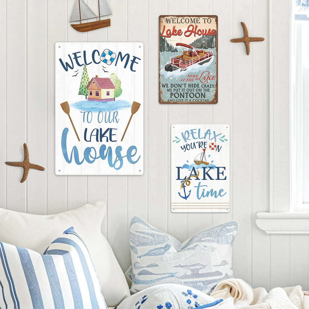 Putuo Decor Wholesale Lake Time Vintage Wall Tin Sign Fishing Retro Metal Plate Lake House Decor