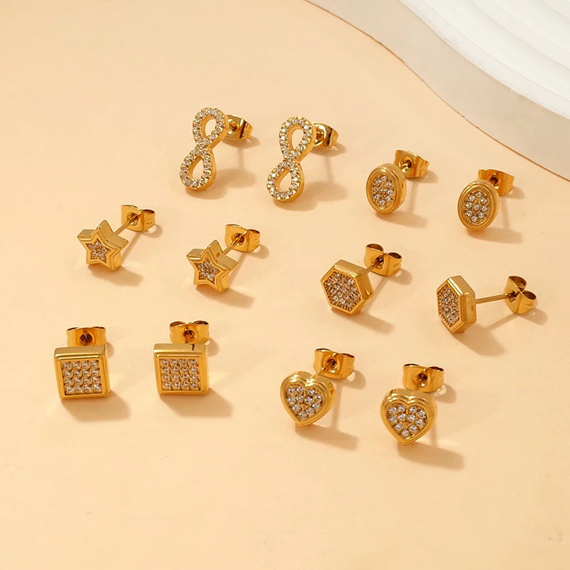 Fashionable Fine Stainless Steel Wholesale Jewelry 18k Gold Plated Zircon Geometric Heart Star Infinity Stud Earrings for Women