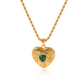 French Style Trendy 18K Gold Plated Stainless Steel Heart-Shaped Green Zircon Pendant Necklace with Link Chain