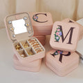 Wholesale Modern Portable PU Leather Printed Letter Earrings Ring Travel Jewelry Box with Mirror for Girls
