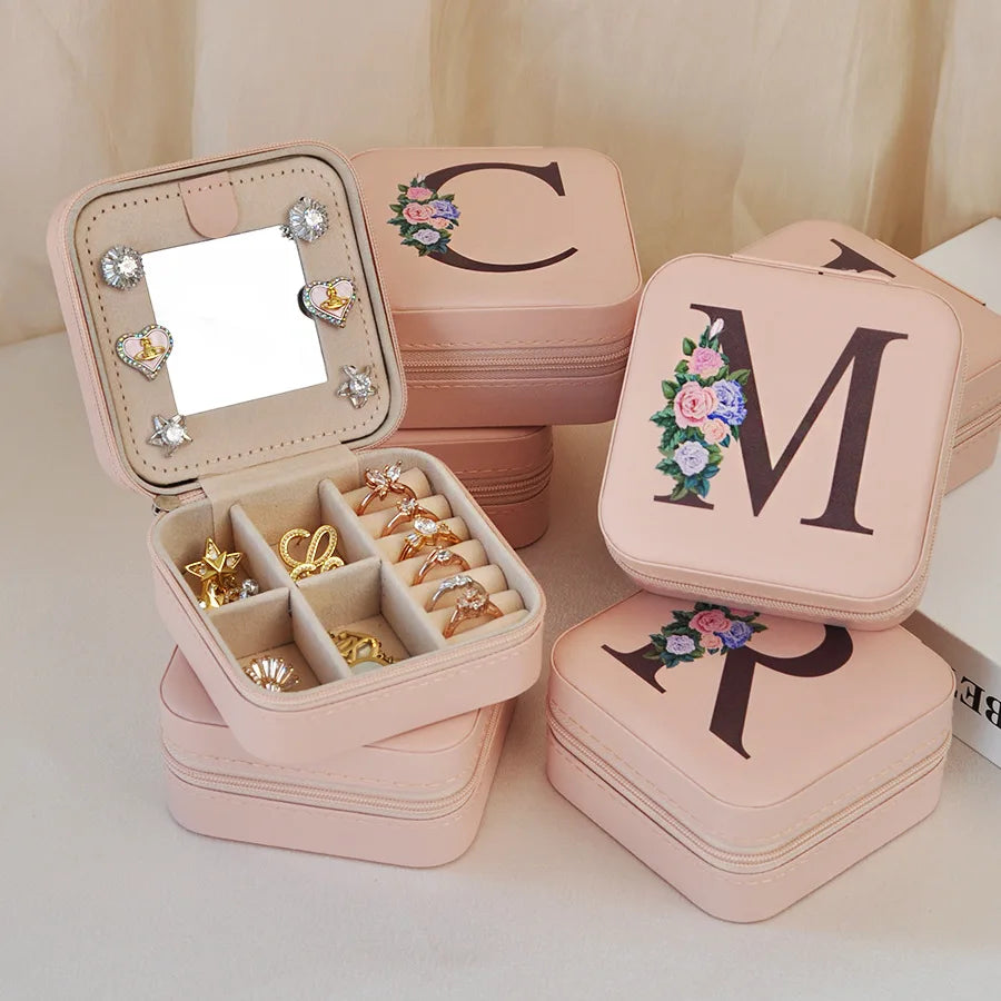 Wholesale Modern Portable PU Leather Printed Letter Earrings Ring Travel Jewelry Box with Mirror for Girls