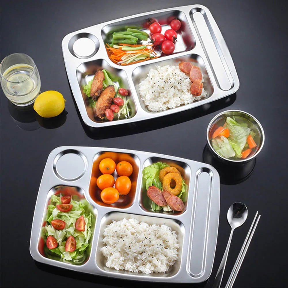 LIHONG Factory Price School Fast Food Divided Dinner Plates Stainless Steel 4 5 Compartments Food Tray for Canteen