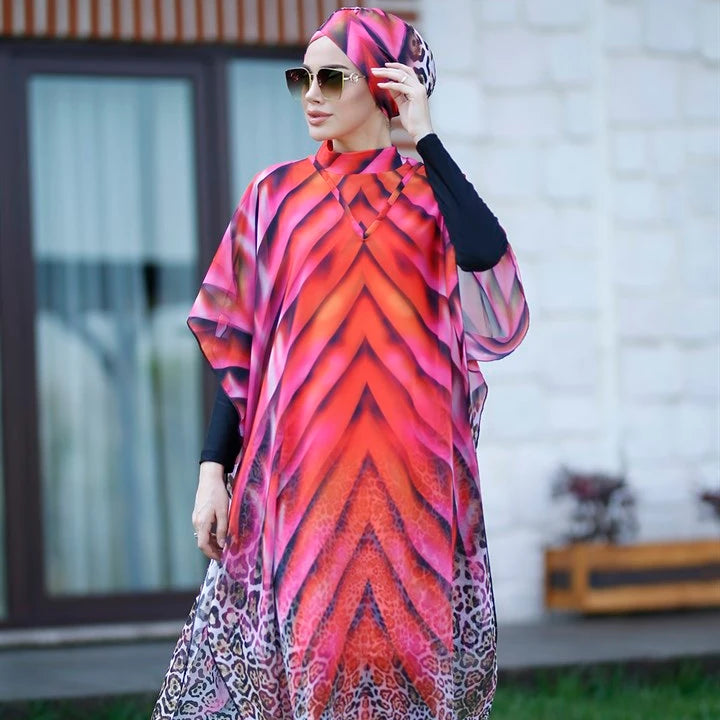 MOTIVE FORCE 4pcs Maple Leaf Color Water Ripple Leopard Print Slim Long-sleeved Muslim Swimsuit Tulle Muslim Swimwear Woman